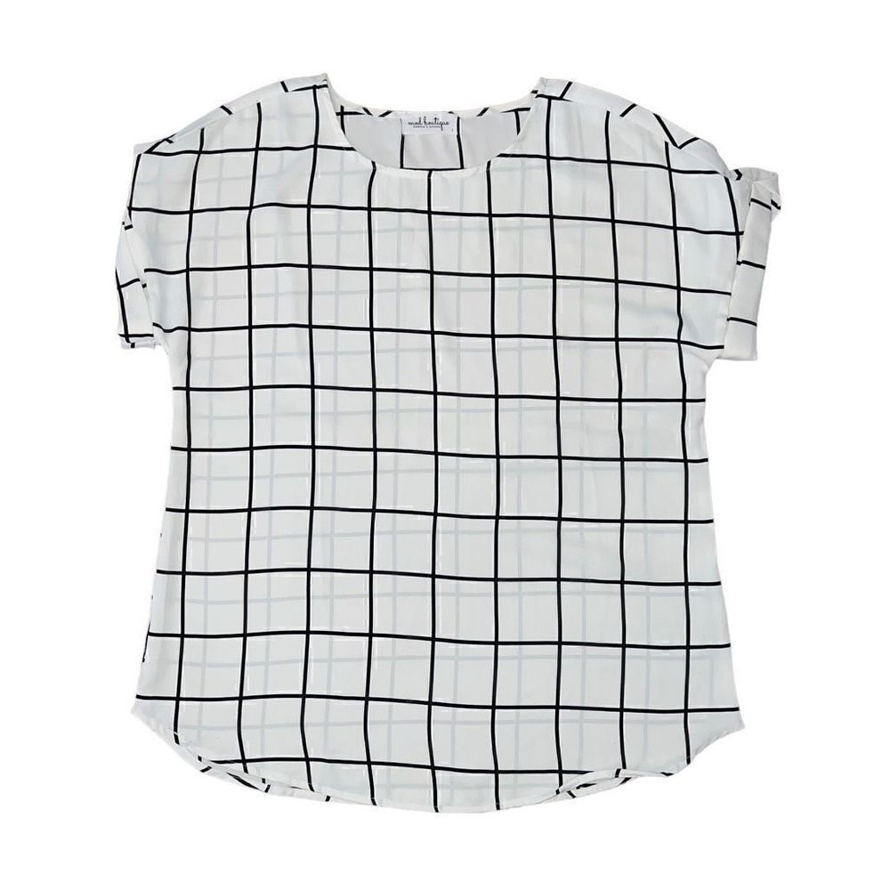 MOD BOUTIQUE Black & White Grid Pattern Short Sleeve Blouse Size L